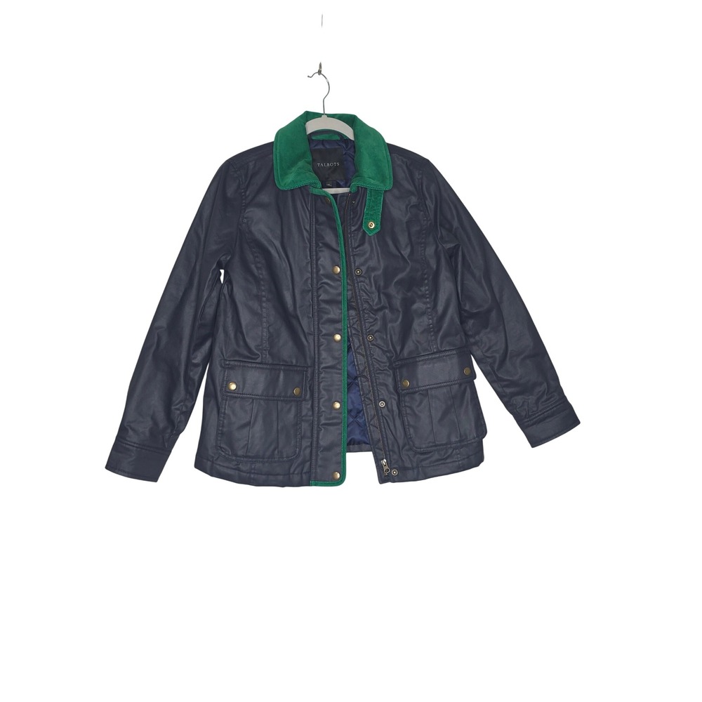 Talbots Navy Blue Coated Barn Jacket Green Corduroy Collar XS‎ Quilted Lining